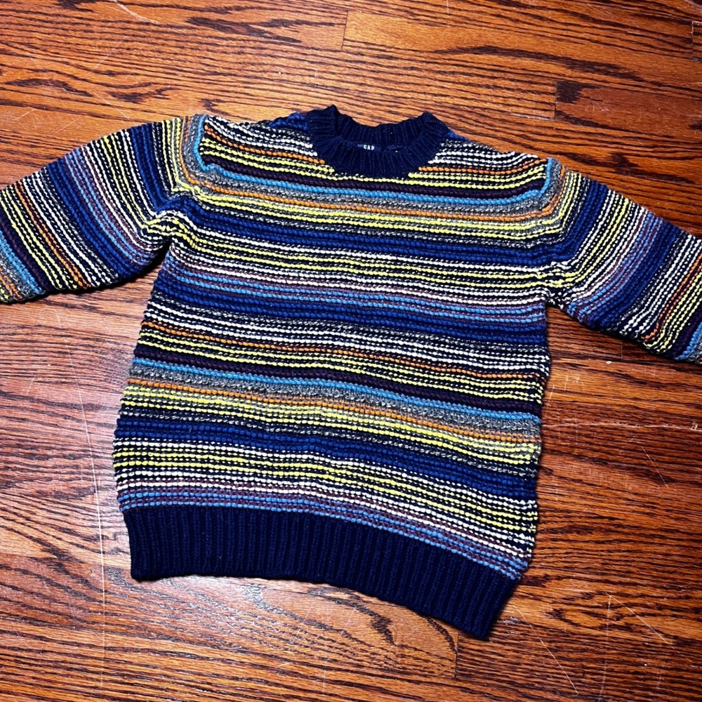 Gap Kids Boys M 8 Striped Textured Knit Cotton Lambswool Sweater Navy Multicolor